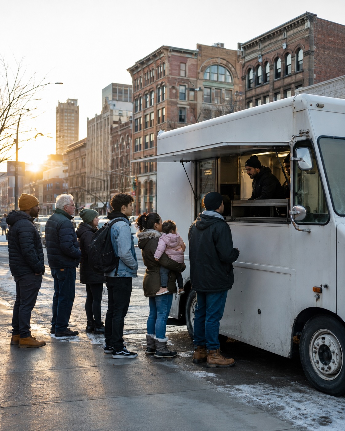 People waiting at a Hungry Buffalo truck window on a downtown Buffalo street at sunrise