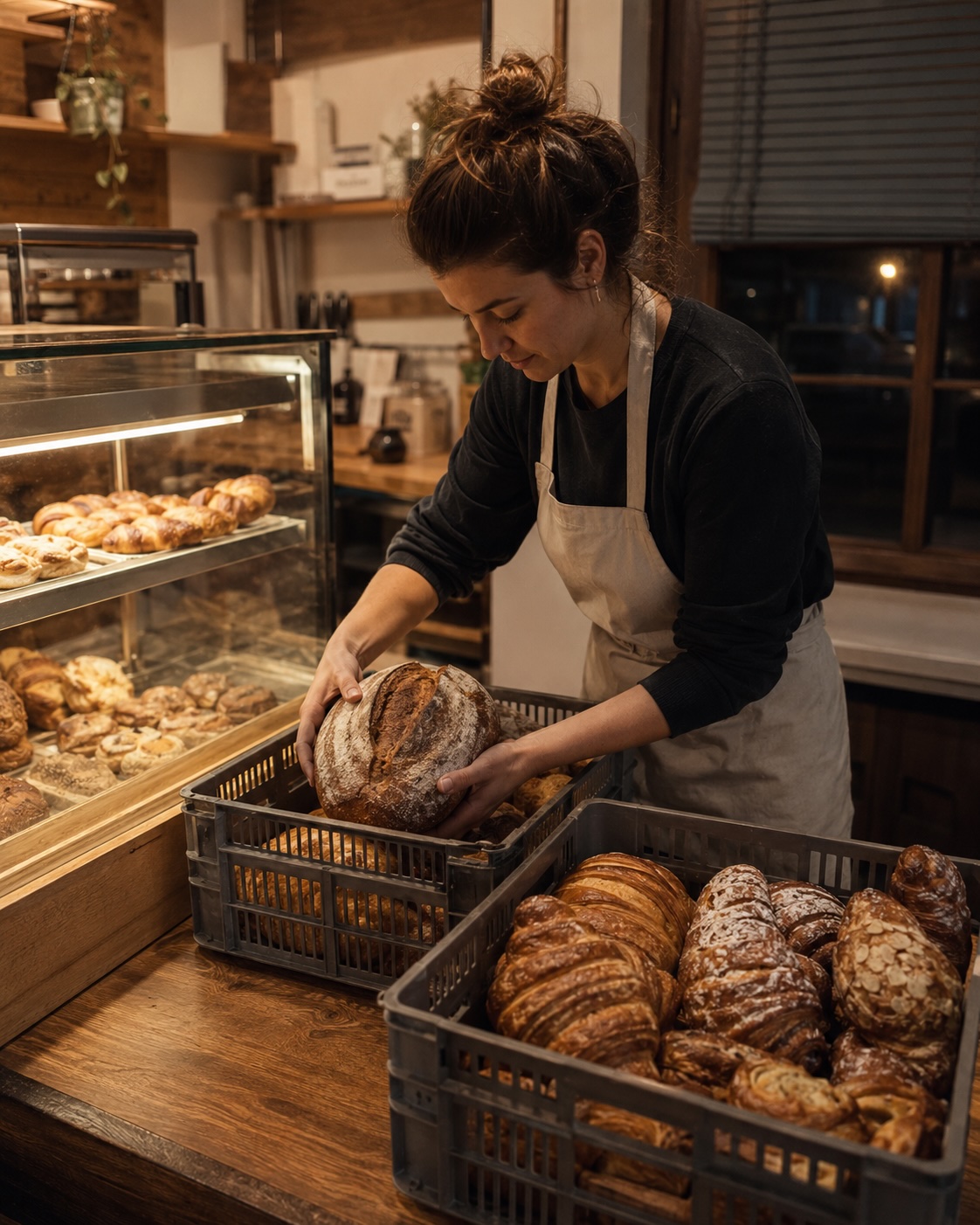 A baker loading unsold bread and pastries into crates at closing time