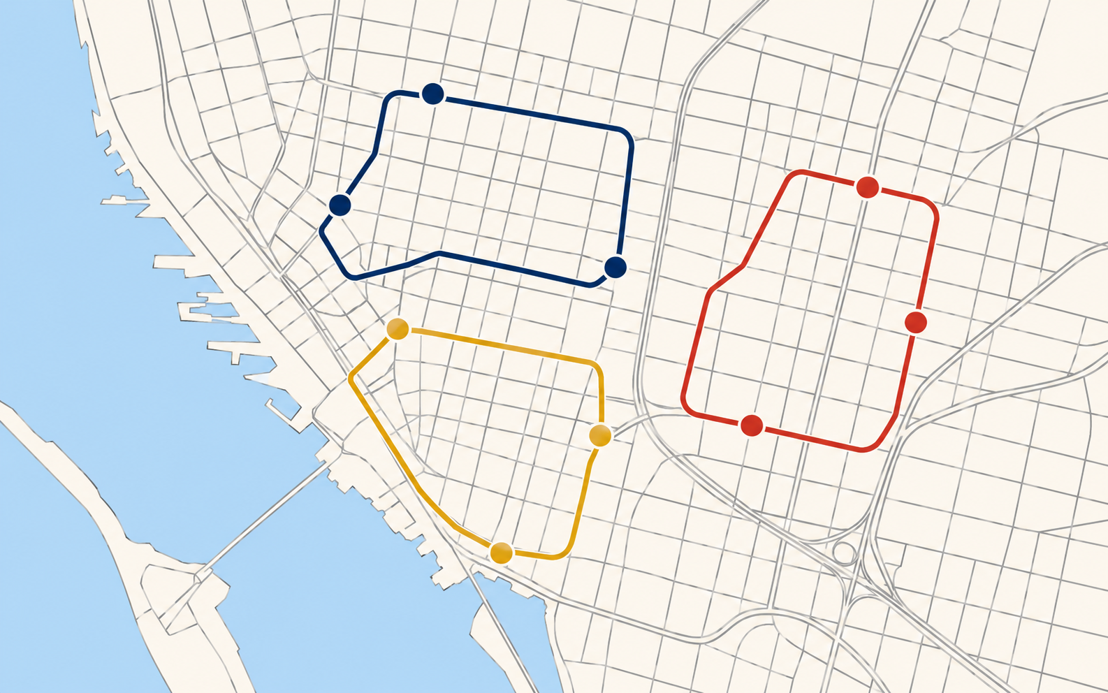 Map of downtown Buffalo with the three truck routes marked in navy, red and gold