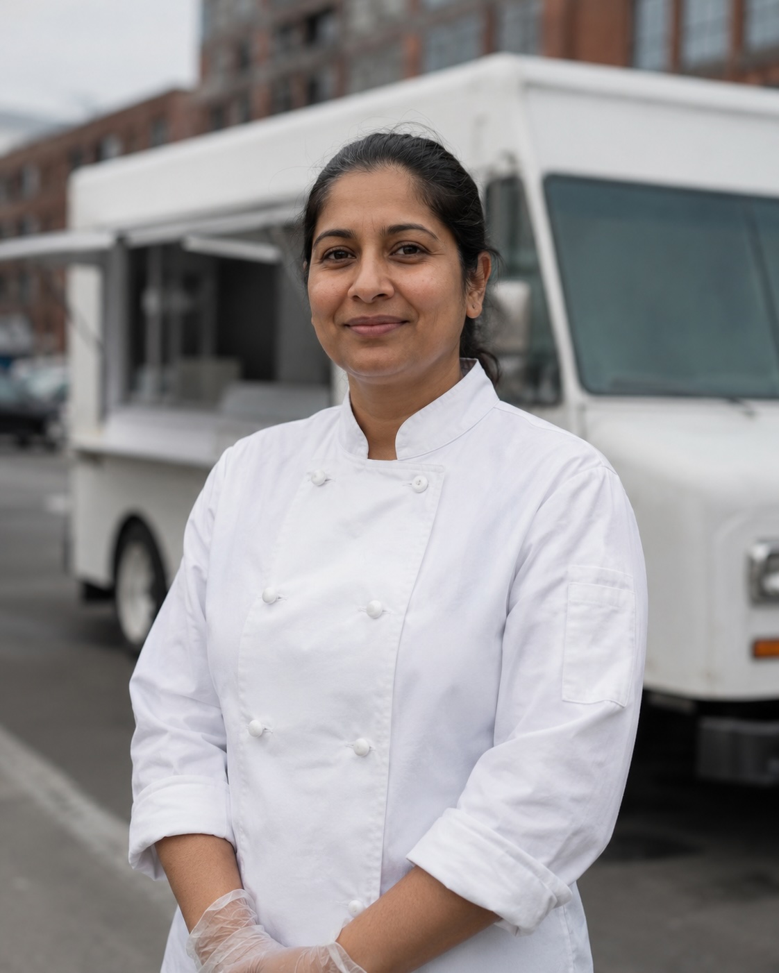 Priya Raghunathan, kitchen and food safety, in front of a Hungry Buffalo truck