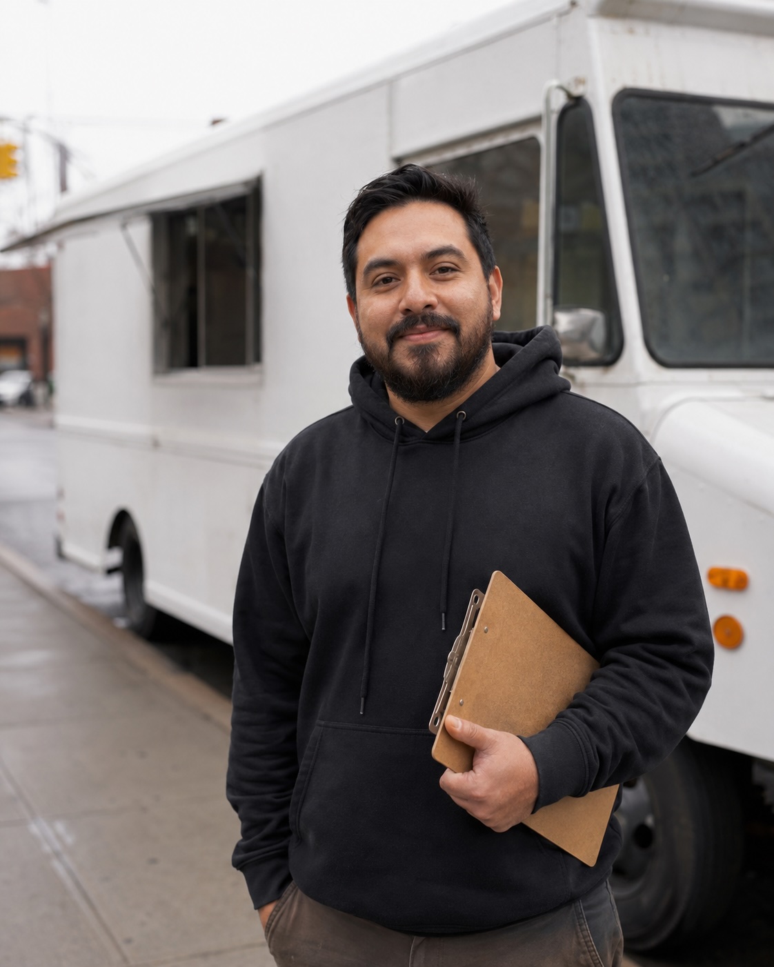 Ray Sandoval, volunteers and partners, in front of a Hungry Buffalo truck